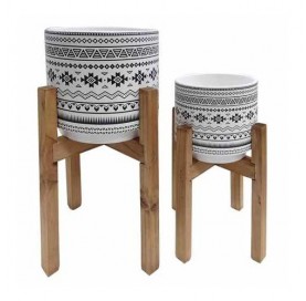 cj de Cachepots de Ceramica Branco e Madeira Tn0256 Cross